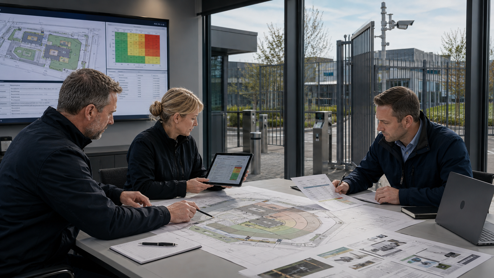 Consultants reviewing site plans and a risk assessment for a secured facility
