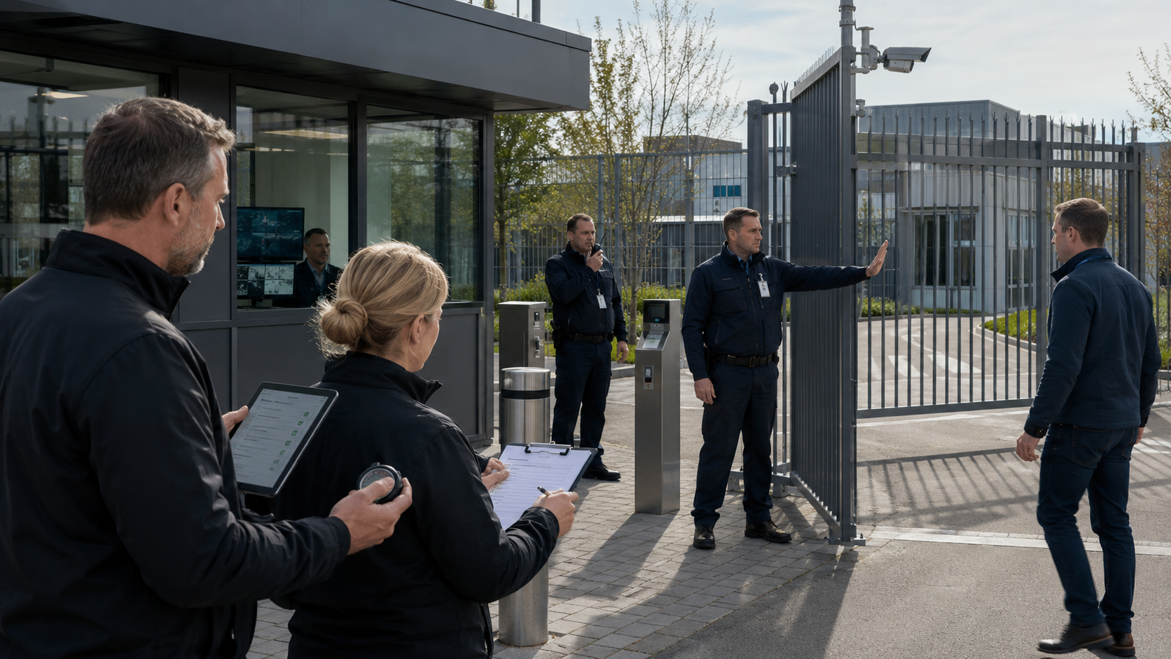 Assessors observing a security team testing access control at a facility entrance