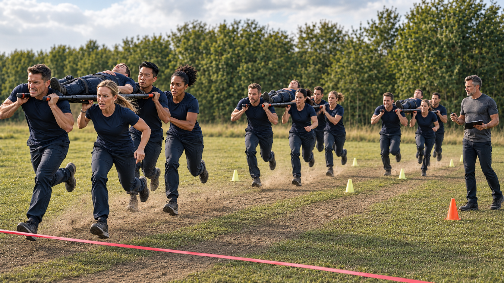 Teams carrying stretchers during a timed outdoor coordination exercise